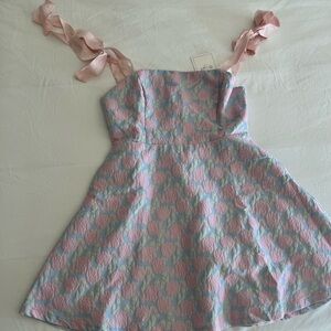 My Wish Light Blue Floral Jacquard Tie-Strap Dress With Pockets